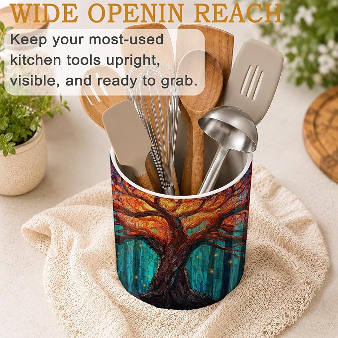 Tree of Life Kitchen Utensil Holder,Shining Brightly Large Ceramic Utensil Crock for Countertop,Cooking Utensil Organizer for Spatulas,Spoons