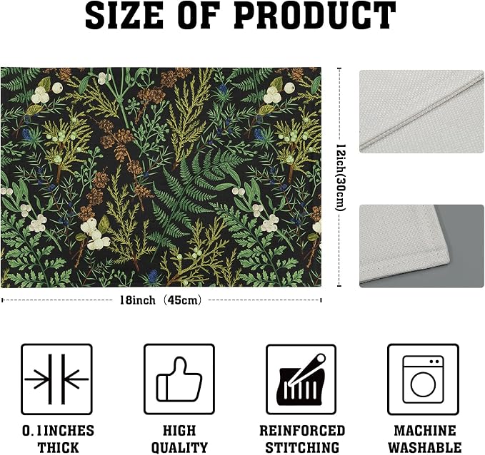Spring Green Leaves Placemats Set of 6 Botanical Fern Leaf Floral Place Mats Washable Kitchen Dining Summer Black Linen Table Mats Stain Heat-Resistant for Home Party Indoor 12x18 in