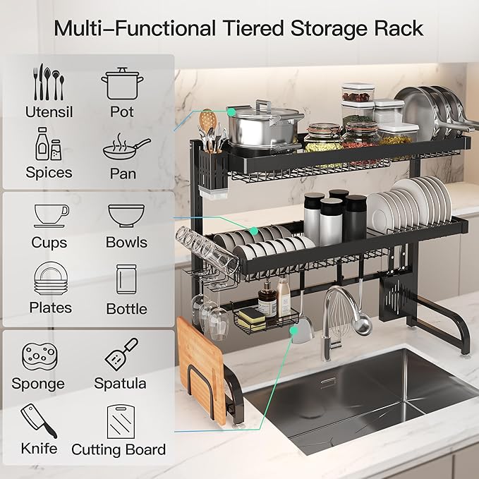 3 Tier Extra Large Stainless Steel Expandable Over The Sink Dish Drainer Drying Rack, Rust Proof Metal, Space Saving, Modern Black Big Capacity Extendable Plate Strainers Above Kitchen Counter