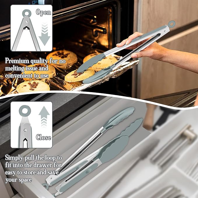 TeamFar Kitchen Tongs, 9" and 12" Stainless Steel Cooking Tongs with Silicone Tips for Cooking Grilling Serving & BBQ, Heat Resistant Silicone Tongs, Locking Design & Dishwasher Safe, Set of 2 & Grey
