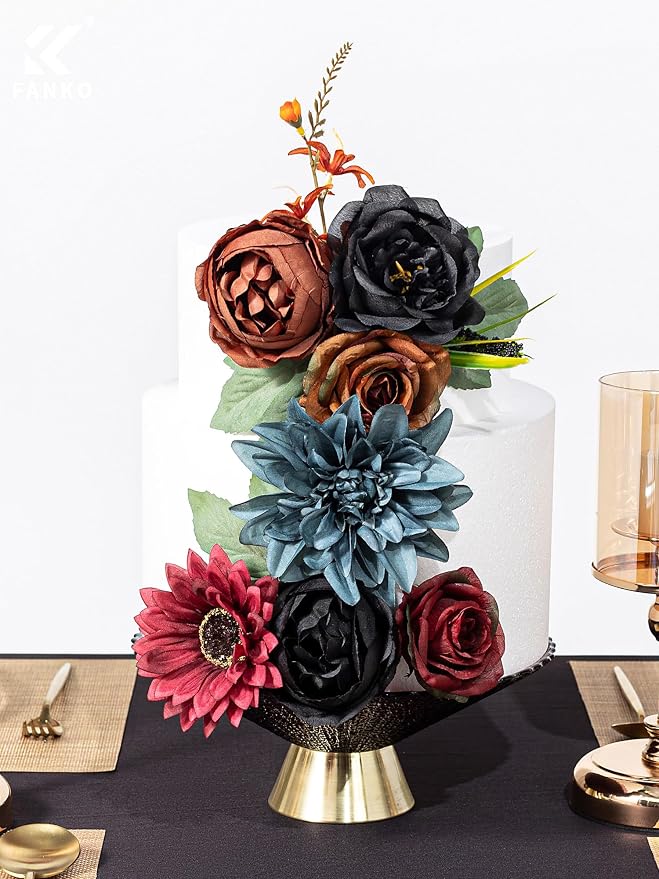 FANKO Artificial Flowers for DIY, Black Burgundy Brown Faux Flowers Bouquet, Fake Rose Dahlia Lily Silk Flowers for Vase, Home Decor, Rustic Wedding, Gothic Events, Party, Themed Birthday