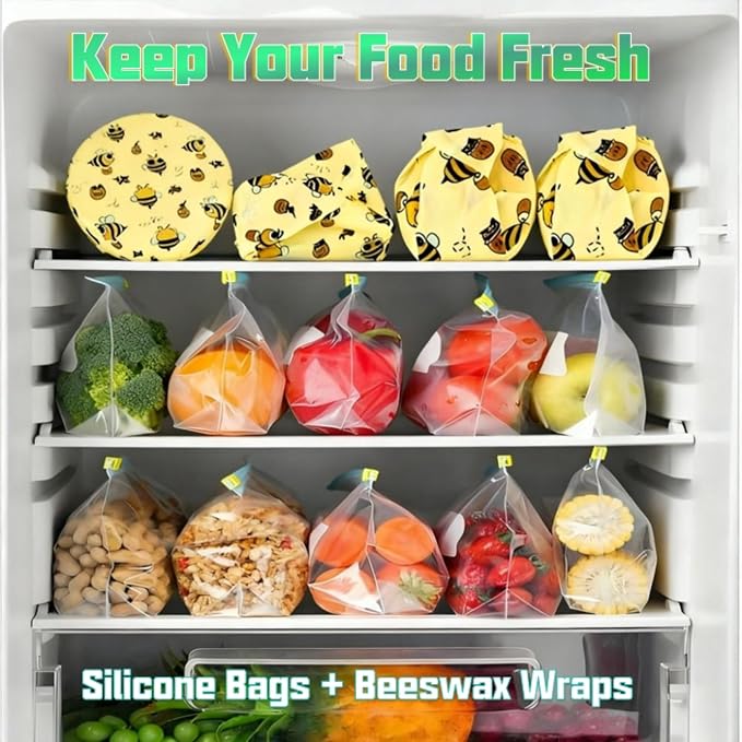 Reusable Silicone Food Storage Bags & Beeswax Wraps Set (7-Piece) | Airtight Leakproof, Freezer Dishwasher Microwave Safe | Eco Friendly Zero Waste Food Storage Containers for Meal Prep, Snack