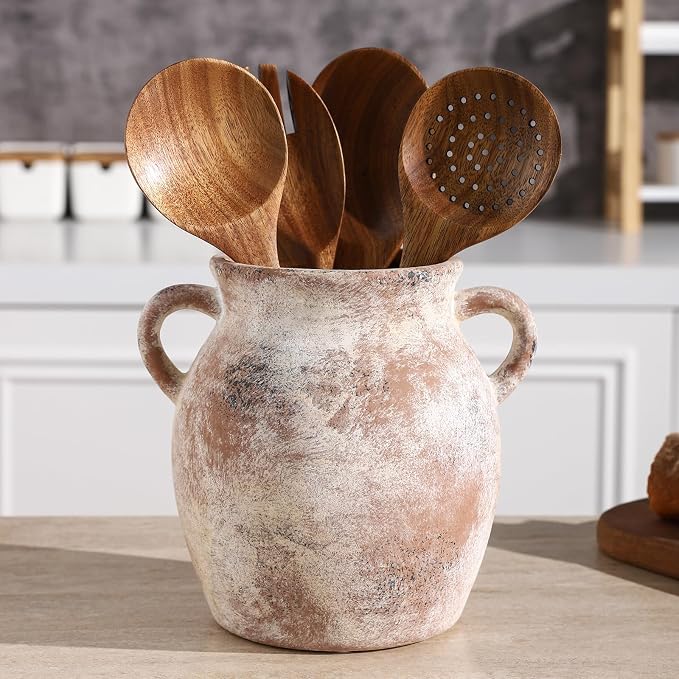 Ceramic Farmhouse Kitchen Utensil Holder for Countertop, Rustic Cooking Utensil Holder Crock Fit for Kitchen Counter. 6.2 x 6.2x 7 IN