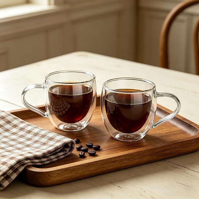 CNGLASS Double Wall Glass Coffee Mugs with Handle,10oz Clear Insulated Glass Espresso Cups for Hot and Cold Beverages,Latte,Cappuccino,Set of 2