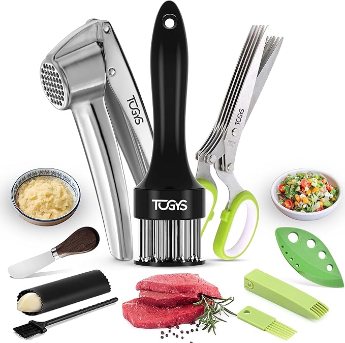3-in-1 Premium Kitchen Tool Set - Heavy Duty Stainless Steel Garlic Press, Herb Scissors & Meat Tenderizer - Rust-Proof, Dishwasher Safe Cooking Gadgets - Ideal Gift for Home Chefs
