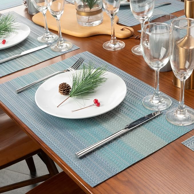 Winknowl Placemats Set of 4, Washable Vinyl Woven Placemats, Heat Resistant & Wipeable Table Mats for Kitchen Dining Table (Blue)