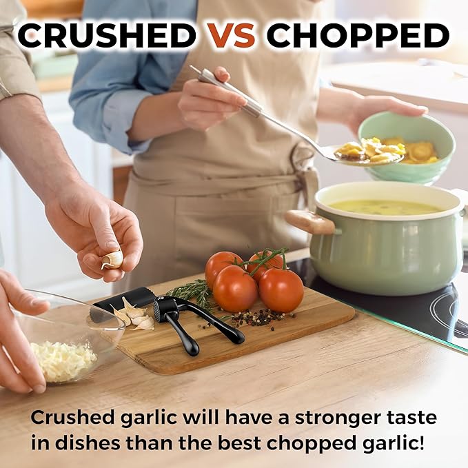 Zulay Kitchen Large Premium Garlic Press Set - Bigger Bowl for Bigger Garlic - Rust Proof Garlic Mincer Tool - Easy-Squeeze, Easy-Clean Silicone Garlic Peeler & Brush (Black)