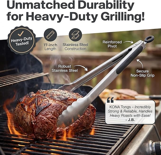 Kona Premium Stainless-Steel Locking Grill Tongs 17 inch, Sturdy, Heavy Duty Tongs - Great for Cooking, Grilling, and Barbecue (BBQ) [Set of 2]