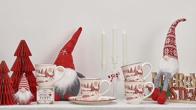 Bico Toile De Jouy Winter Wonderland Ceramic Mug Set of 4, Christmas Coffee Mugs, 16oz Holiday Cups for Tea, Cocoa, or Hot Drinks, Microwave & Dishwasher Safe