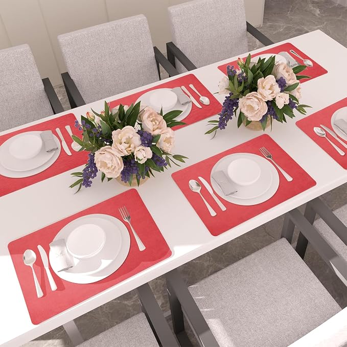 Maxpearl Red Placemats Set of 6, Faux Leather Dining Table Mats -Waterproof - Wipe Clean - Heat Resistant - Anti Slip, Suitable for Indoor & Outdoor Use, 17''×12''