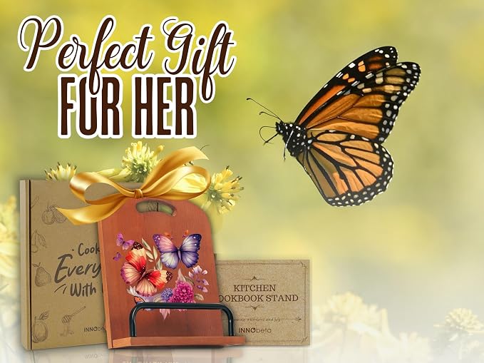 INNObeta Cookbook Stand for Kitchen Counter, Adjustable Tablet Recipe Book Holder, Perfect Gifts for Women, Mom, Grandma on Birthday, Unique Kitchen Decor, Butterfly