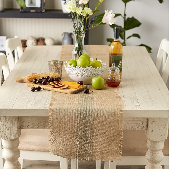 DII Jute Burlap Collection Kitchen Tabletop, Table Runner, 14x108, Middle Stripe Artichoke