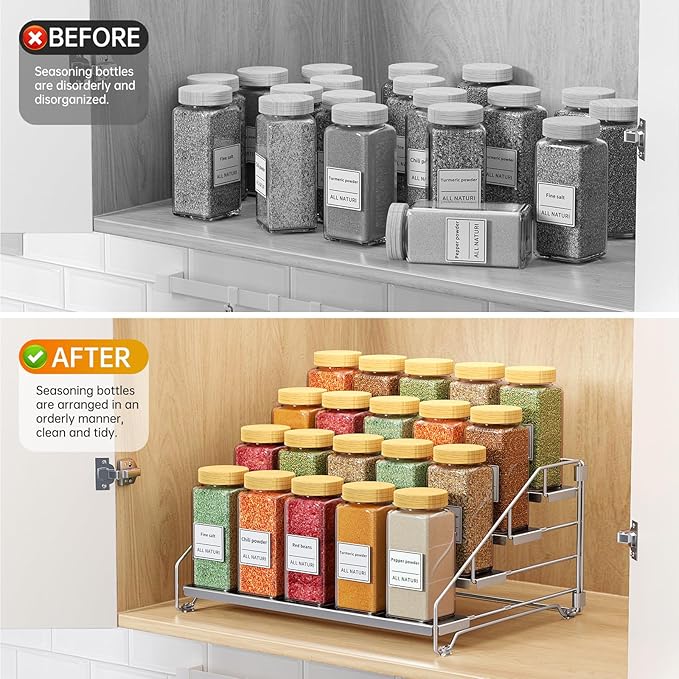 RCHYFEED 2 Pack 4 Tier Adjustable Spice Rack Organizer, Foldable Chrome Vertical Spice Organizer for Cabinet & Countertop, Space Saving Storage Shelf for Kitchen Pantry Bathroom