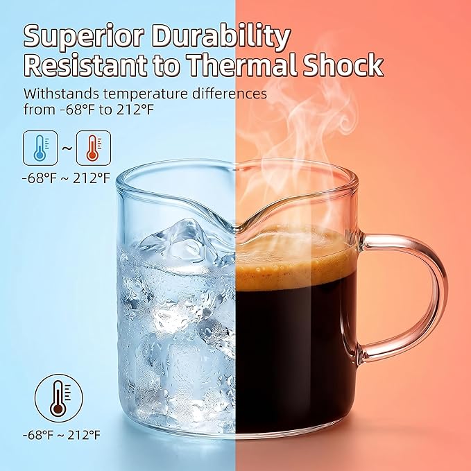 5 OZ Espresso Cups Set of 2, Double Spouts Cups, Shot Glasses, Milk Cup with Handle, Clear Glass, Espresso Accessories for Making Coffee Desserts Salad Dressing Machine (1 ounce more than others )