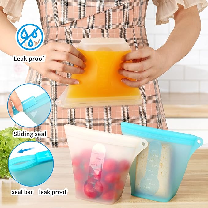 Reusable Silicone Food Storage Bags,Stand Up Leakproof Zip Containers,Reusable Sandwich Bags,Non-Toxic,BPA Free, Dishwasher Safe,Freezer-Safe,Easy to Clean（Set of 5）