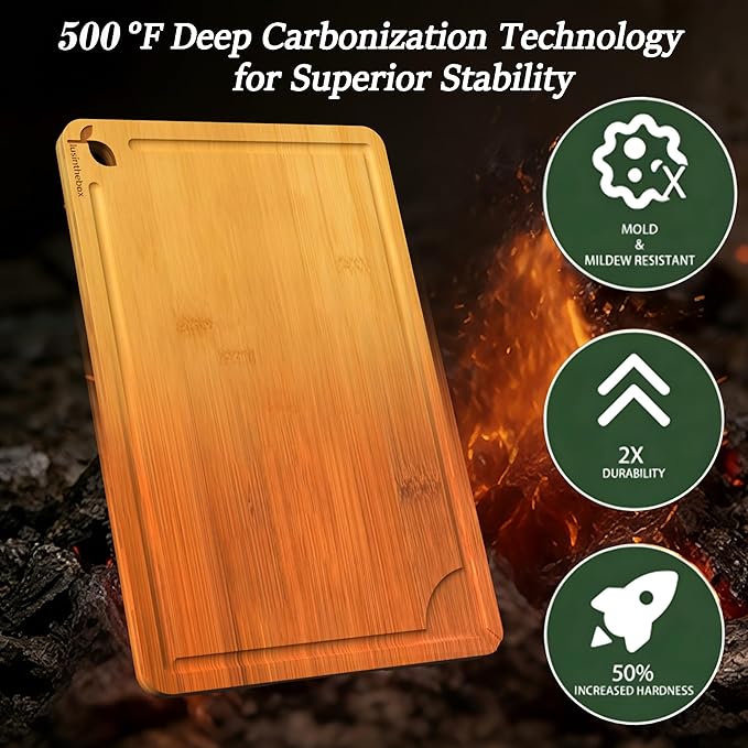 Cutting Board for Kitchen Meal Prep and Serving, Carbonized Bamboo Wood Butcher Block Chopping Board with Deep Juice Grooves and Side Handles for Meat, Bread, and Dough Kneading
