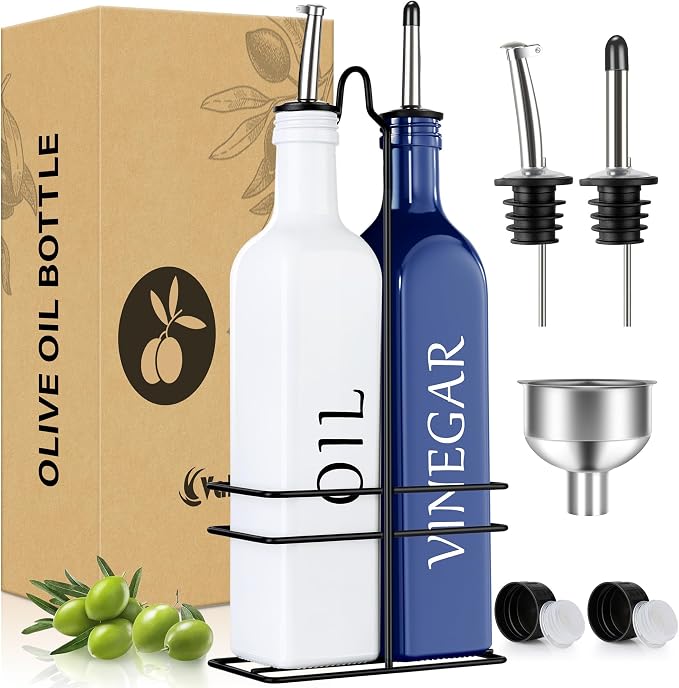 Vakoo Oil and Vinegar Dispenser Set - 17oz/500ml, Extra Thick Glass, Leak-Proof, Olive Oil Dispenser Bottle for Kitchen (White Blue)