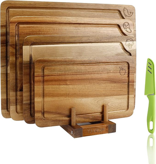 Wood Cutting Board Set of 4, Wooden Chopping Boards with Food Icons for Kitchen, Charcuterie Board for Meat, Vegetables, Fruits, Cheese