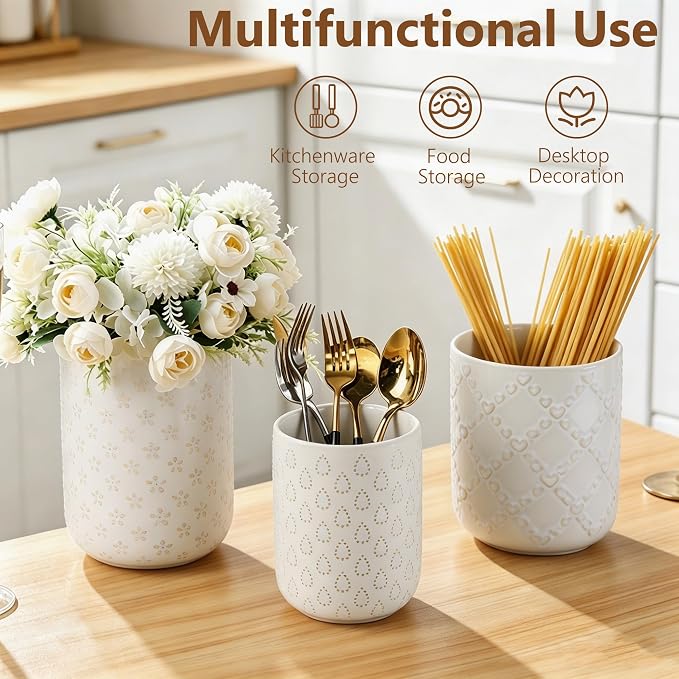Kitchen Utensil Holder, Farmhouse Embossed Cooking Utensils Holder, White Ceramic Utensil Crock for Countertop, Large Utensil Organizer for Spatula, Spoon, Fork, Chopsticks, Set of 3