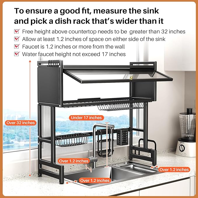 Over The Sink Dish Drainer Drying Rack 3 Tiers with Cover, Keep Kitchen Sink Shlef Organized Space-Saving Dish Drying Rack, Large Stainless Steel Sink Drying Rack for Dishes, Bowls, Cutlery (33.4"W)