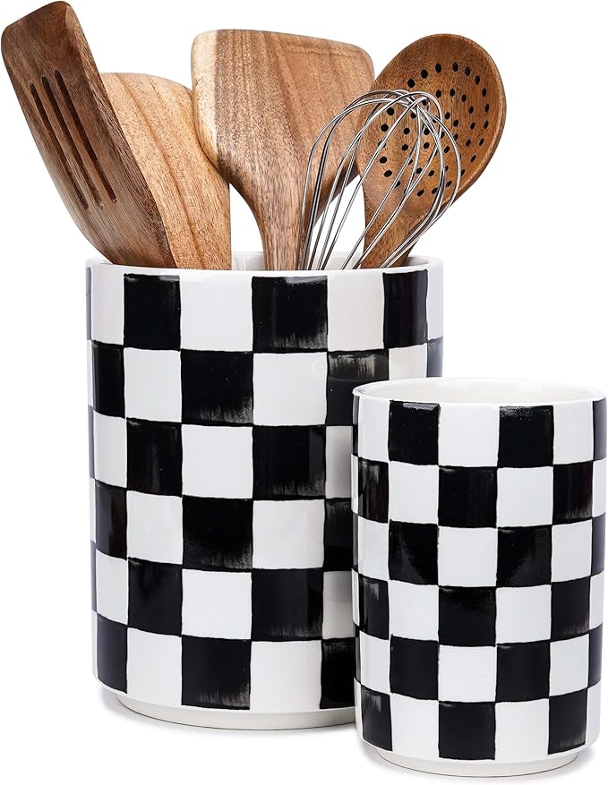 Utensil Holder, 7.2"+5.4" Checkered Ceramic Utensils Holder, Large and Small Utensil Crocks for Kitchen Counter, Spatula Holder, Farmhouse Kitchen Decor