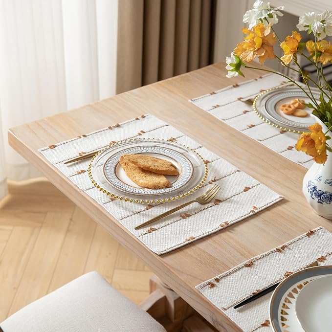 Boho Placemats Set of 6 for Dining Table Decor, Woven Cloth Place Mats for Farmhouse Rustic Kitche Home Decor, Cotton Placemats 13 x 19 Inch, Brown and Beige Table mats
