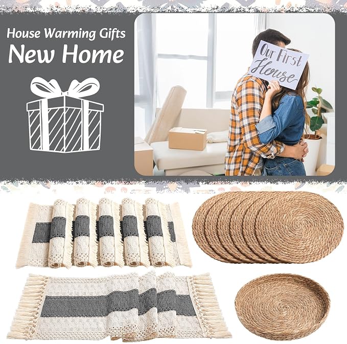 Boho Placemats 4/6/8 Set of Round Woven Placemat Macrame Style Bicolor Stitching Long Table Runner Farmhouse Rustic Natural Burlap Cotton for Kitchen Dining Table (6 Sets,Gray,12x72)