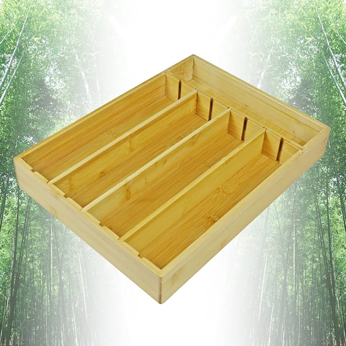 Silverware Organizer Kitchen Bamboo Drawer Organizer - 5 Slots Total Utensil Organizer for Flatware, Cutlery & Knives. Ideal Utensil Drawer Organizer for Kitchen, Natural