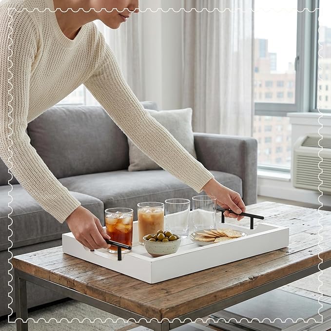 Mela Artisans 16 x 13 x 2.25 in Acacia Wood Serving Tray with Handles – Shabby White Rectangular Wooden Tray for Breakfast in Bed, Coffee Table Decor & Home Display