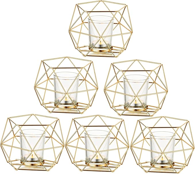 Geometric Tealight Candle Holders Gold - Votive Candle Stand Accents for Tea Light Decorative for Home Table Shelf Mantel Modern Geo Decoration Christmas Wedding Reception Décor, Gold, 6pcs