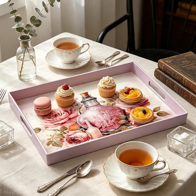 Serving Tray with Handles, 15.7 * 11.8 inches, Plastic Ottoman Tray with Exquisite Paintings, Trays for Coffee Table