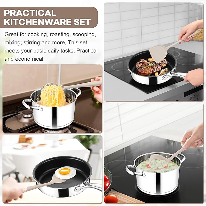 TeamFar 8 PCS Silicone Cooking Utensils - 446°F Heat Resistant Kitchen Silicon Utensils Set, Turner, Spatula, Spoon, Whisk, Kitchen Cooking Gadgets Tools for Nonstick Cookware, Dishwasher Safe-Khaki