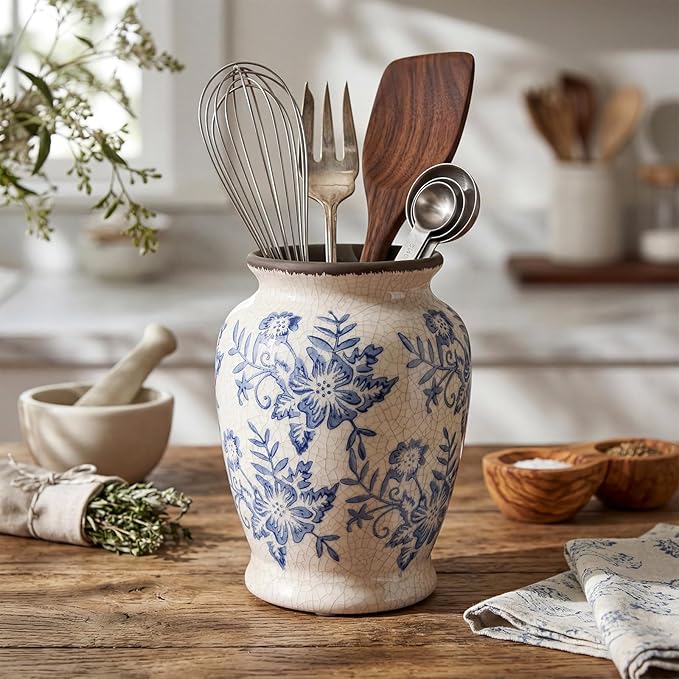 8 Inch Ceramic Utensil Holder for Kitchen Counter, Modern Vintage Farmhouse Rustic Cooking Utensil Crock for Countertop Cooking & Spoon Tools, Vintage Kitchen Counter Decor