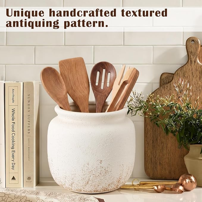 Qinyoung Rustic Kitchen Utensil Holder 6 Inch Small Ceramic Utensil Holder with Handle Vintage Beige Crock Decoration Spatula Organizer for Kitchen Countertop Farmhouse Party Supplies