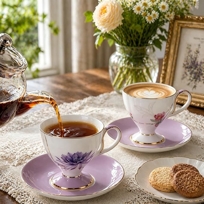 KAMMAK Ceramic Coffee Cups and Saucers Set of 2 – Handmade Porcelain Espresso Cups,8.45 oz Bone China Tea Cup with Water Lily & Winter Sweet Pattern, Elegant Demitasse for Latte, Americano, Cappuccino