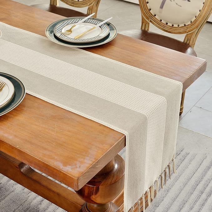 Wracra Linen Table Runner, Farmhouse Macrame Table Runners 108 Inches Long for Dining Table Decor, Wedding, Party and Dresser Decor (Light Coffee,108")