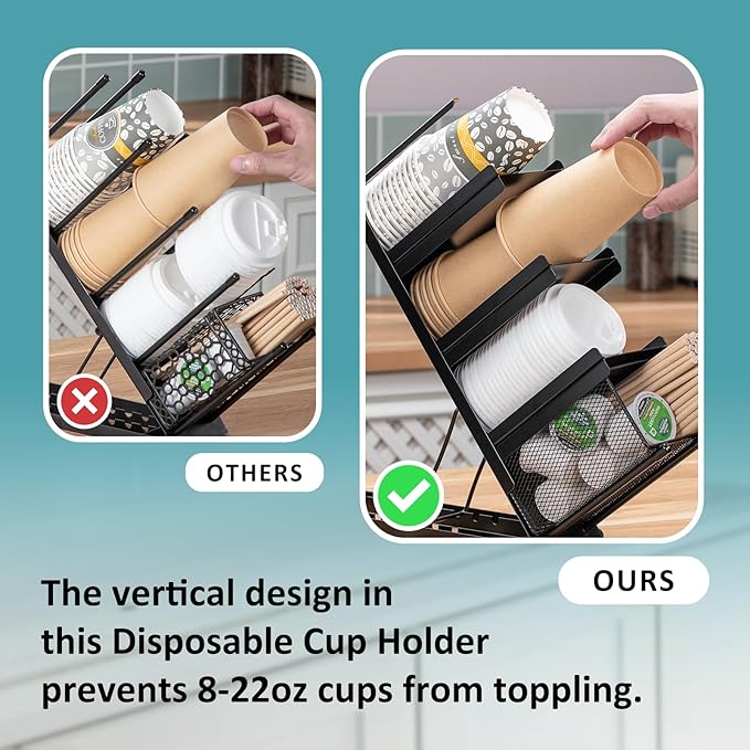 Coffee Cup Holder Organizer 4 Compartment Disposable Cup Dispenser, Cup and Lid Holder with Mesh Basket for Countertop Coffee Station Bar, Black