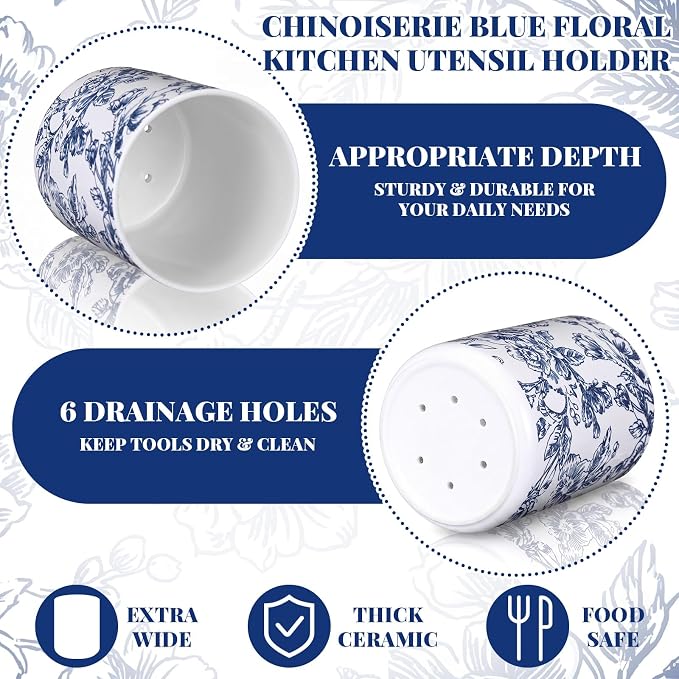 Suclain Blue Floral Ceramic Utensil Holder 6.3 Inch Chinoiserie Vintage Kitchen Crock Blue and White Floral Countertop Storage Organizer for Spatulas and Spoons Home Cooking Unique Gift Idea