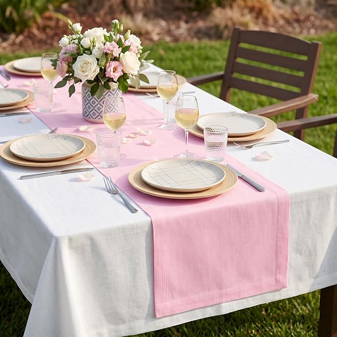 Solino Home Linen Pink Lemonade Table Runner 90 Inches Long - 100% Pure Linen 14 x 90 Inch Table Runner for Spring, Summer - Fete