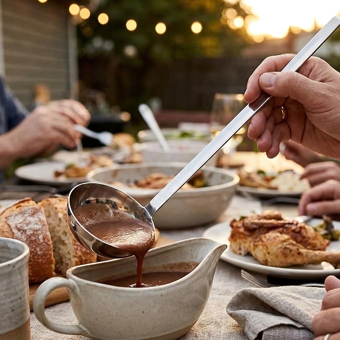 TrueCraftware- 6 oz Stainless Steel Ladle with Long Hooked Handle- Kitchen Ladle Best Kitchen Accessories for Cooking and Serving Spoon for Soup Chili Gravy Salad Dressing and Pancake Batter