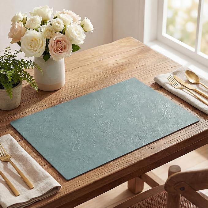 Artoid Mode Blue Faux Leather Placemats Set of 6, 12x18 Inch Waterproof Wipeable Heat Resistant Vinyl Place Mats, Reversible Table Mats for Winter Kitchen Dining Decor