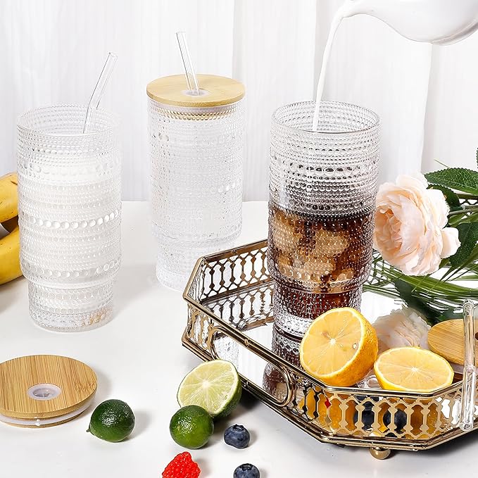 CWHHRN 16 Oz Glass Cups with Lids and Straws, Vintage Embossed Glassware for Whiskey Cocktail Beer, Iced Coffee Cup with Lid, Glass Tumbler (4 PACK)