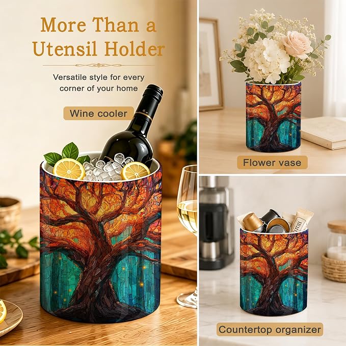 Tree of Life Kitchen Utensil Holder,Shining Brightly Large Ceramic Utensil Crock for Countertop,Cooking Utensil Organizer for Spatulas,Spoons