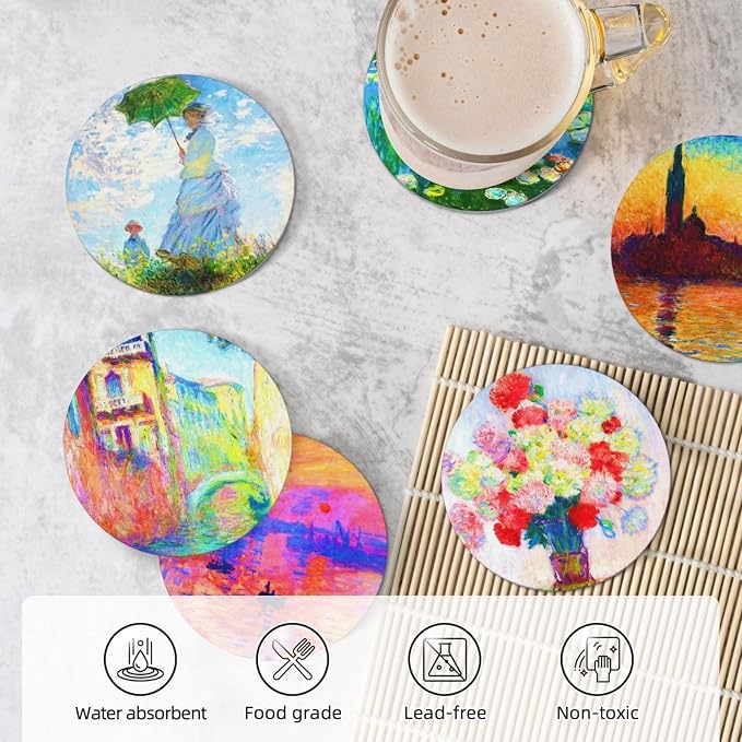Monet Impression Sunrise Drinks Absorbent Coasters with Holder Set of 6, Coffee Table Decor, Ceramic Stone Coaster with Cork Base Tabletop Protection Mat for Mugs and Cups,Office,Kitchen