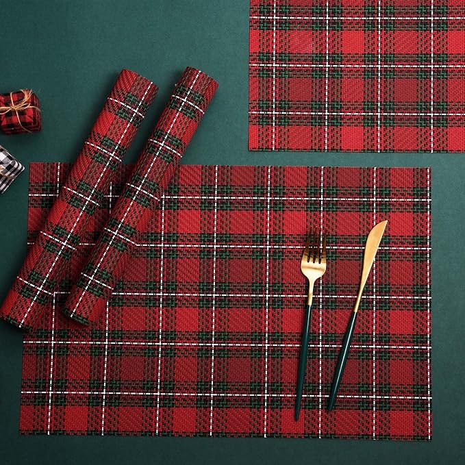 AHHFSMEI Placemats Set of 6 Washable Woven Vinyl Placemats for Dining Table Heat Resistant Non-Slip Stain Resistant Table Mats for Kitchen & Home Decor(Red Gird,6)