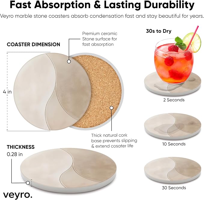 VEYRO Ceramic Coasters Set of 6 – Absorbent Stone Drink Coasters with Holder, Non-Slip Cork Backing, Modern Marble Look Coasters for Coffee Table, Desk & Home Decor