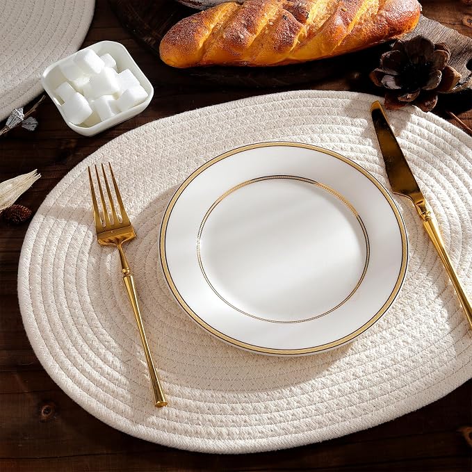 fanquare White Cotton Placemats for Farmhouse Table Decoration Braided Cotton Rope Place Mats for Kitchen Dining Round Woven Table Mats Set of 6