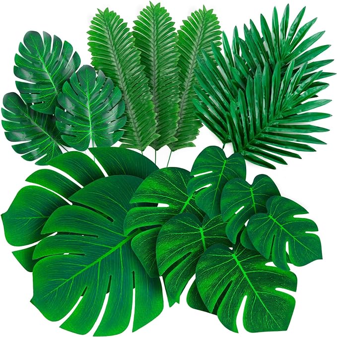 Decopom Palm Leaves Artificial Tropical Monstera-84Pcs 6 Kinds Large Small Green Fake Palm Leaf with Stems for Safari Jungle Hawaiian Luau Party Table Decoration Wedding Birthday Theme Party