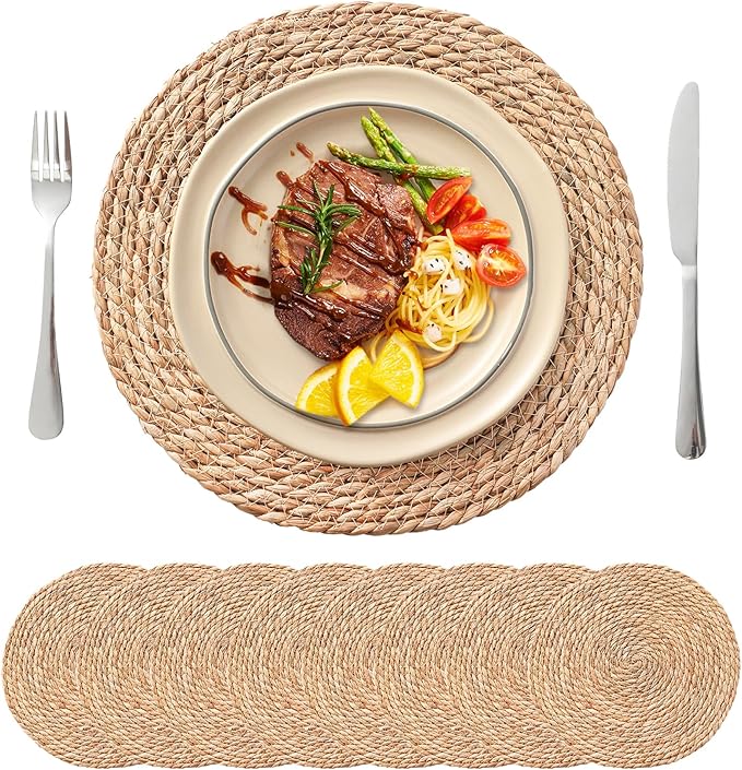 Round Woven Placemats Set of 8, 13.5'' Boho Rattan Chargers for Dinner Plates, Rustic Wicker Place Mats, Straw Braided Table Placemats, for Dining Table Decor, Wedding, Farmhouse and Home Décor