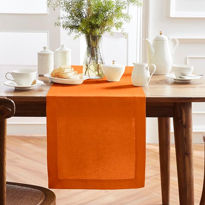 Solino Home Linen Table Runner 120 Inches Long - 100% Pure Linen Pumpkin Dining Table Runner 14 x 120 Inch - Sonoma
